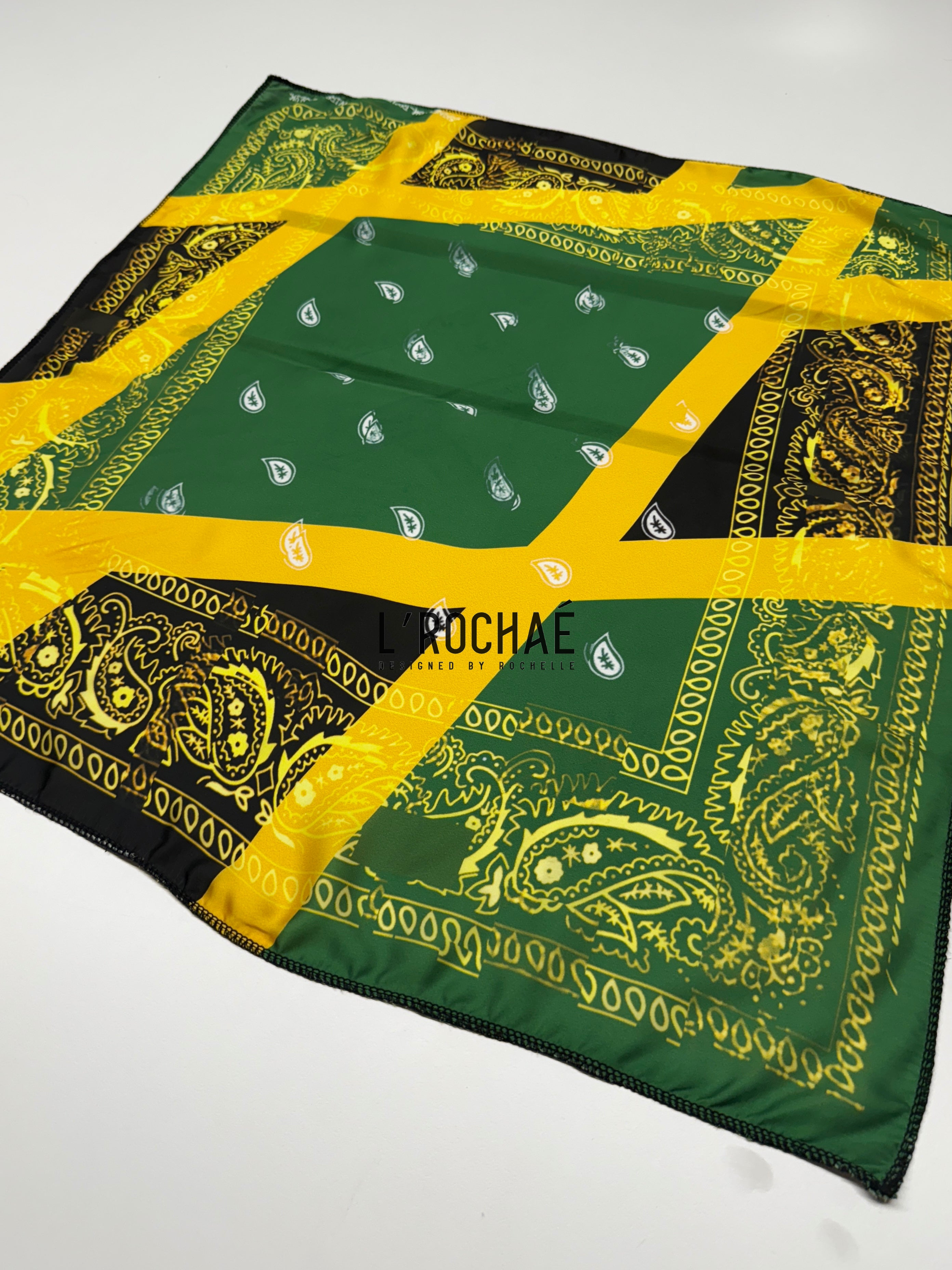 XL Jamaican Bandana Satin Scarf 24x24in - Drawn & Handmade - L’Rochaé image 2