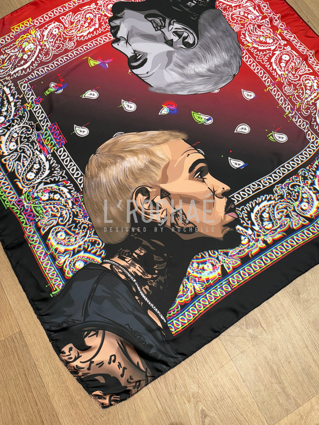 XXL Red Art Breezy Bowl Satin Scarf 35x35in - Drawn & Handmade - L’Rochaé image 2