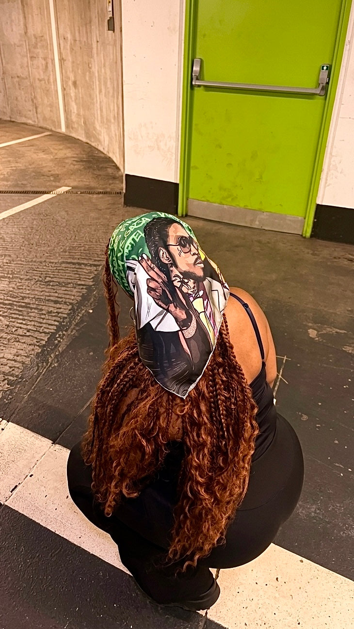 SMALL Mavado x Kartel Jamaica Satin HeadScarf 24x24in - Drawn & Handmade - L’Rochaé