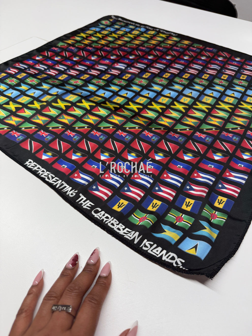 XL Caribbean Islands Satin Scarf 24x24in - Drawn & Handmade - L’Rochaé image 1