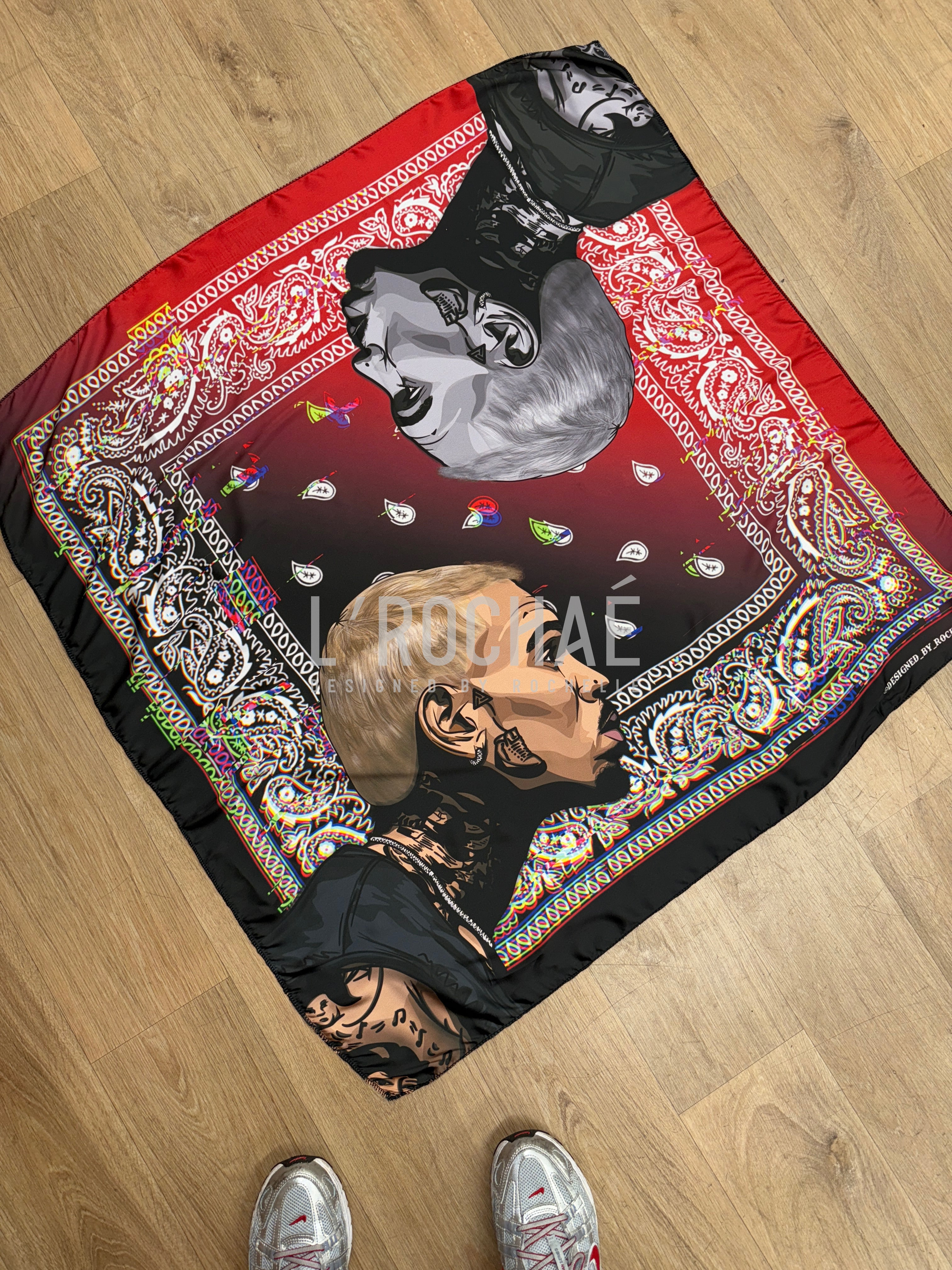 XXL Red Art Breezy Bowl Satin Scarf 35x35in - Drawn & Handmade - L’Rochaé image 0
