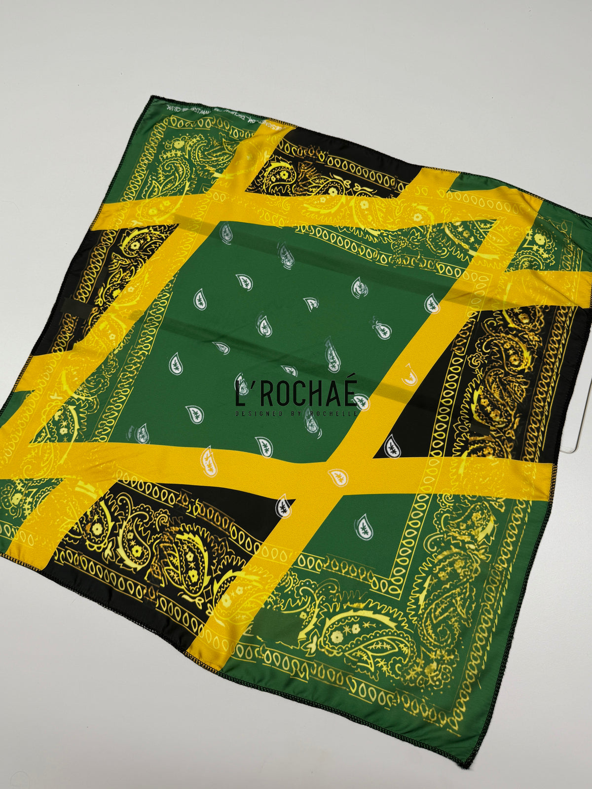 XL Jamaican Bandana Satin Scarf 24x24in - Drawn & Handmade - L’Rochaé image 4