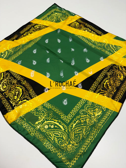 XL Jamaican Bandana Satin Scarf 24x24in - Drawn & Handmade - L’Rochaé image 1